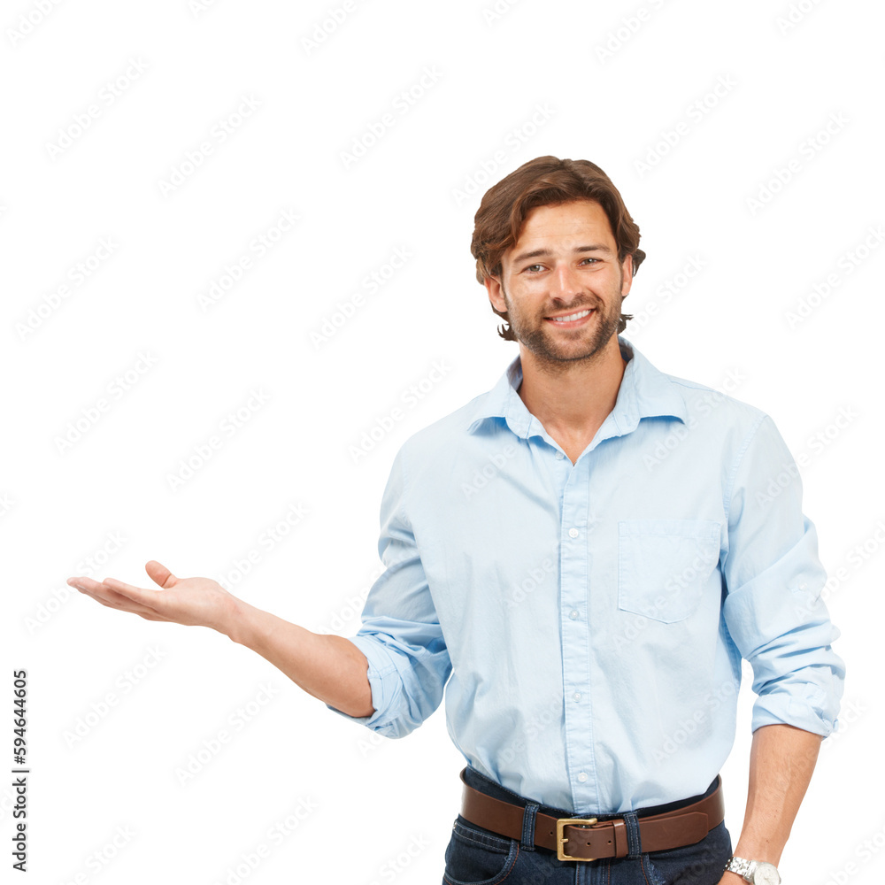 Smile, business man and palm portrait with space for idea or advertising on a transparent, png background. Happy male model and hand gesture for choice, promotion or presentation for information Smile, business man and palm portrait with space for idea or advertising on a transparent, png background. Happy male model and hand gesture for choice, promotion or presentation for information