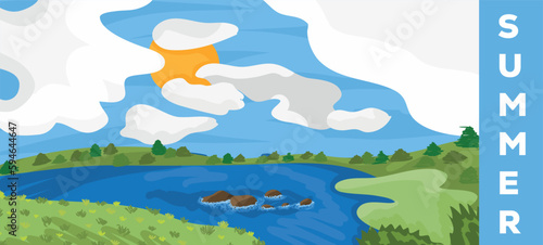 Fototapeta Naklejka Na Ścianę i Meble -  Vector colorful countryside background illustration: Clear river with some rocks, sun is hiding behind big clouds