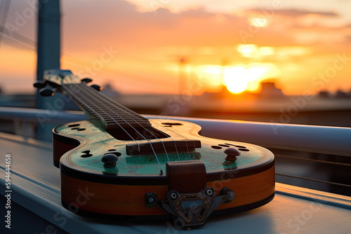 electric guitar close up in the sunset, Generative AI