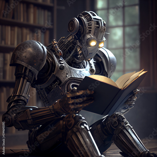 humanoid robot reads a book in the library photo