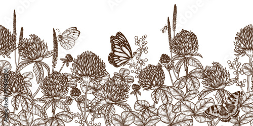 Seamless horizontal pattern of clover bush and butterflies in engraving style