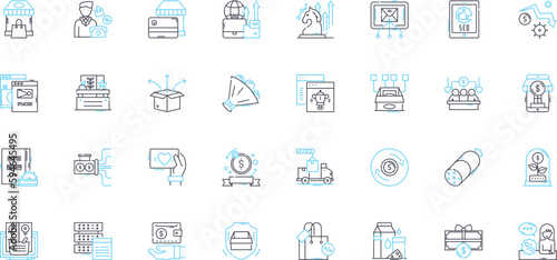 Online purchases linear icons set. Ecommerce, Shopping, Transactions, Checkout, Payments, Shipping, Feedback line vector and concept signs. Ratings,Reviews,Discounts outline illustrations