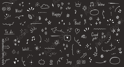 Doodle cute glitter pen line elements chalkboard. Doodle heart, arrow, star, sparkle decoration symbol set icon. Simple sketch line style emphasis, attention, pattern elements. Vector illustration