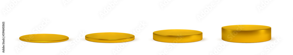 Set golden podium base platform different heights. 3d round gold blank stand pedestal for product presentation.Vector cylinder shape. Podium mockup realistic illustration Set golden podium base platform different heights. 3d round gold blank stand pedestal for product presentation.Vector cylinder shape. Podium mockup realistic illustration