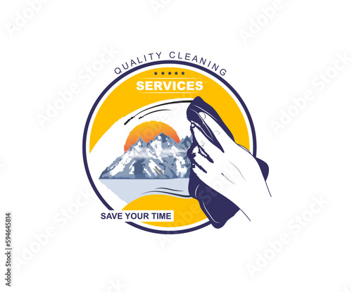 Cleaning company logo in the form of a hand wiping glass with mountains and sun. EPS10.