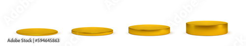 Set golden podium base platform different heights. 3d round gold blank stand pedestal for product presentation.Vector cylinder shape. Podium mockup realistic illustration