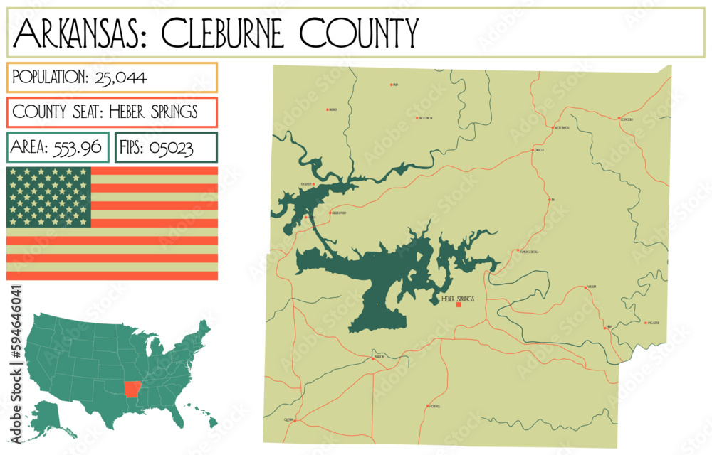 Large and detailed map of Cleburne County in Arkansas, USA.