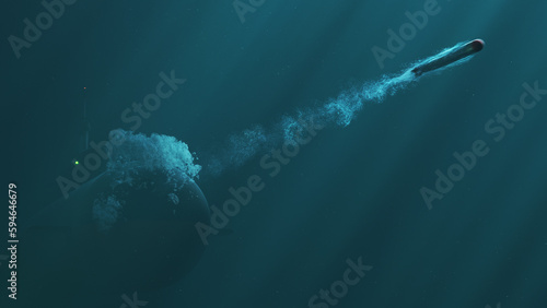 Atomic submarine launch torpedo underwater photo