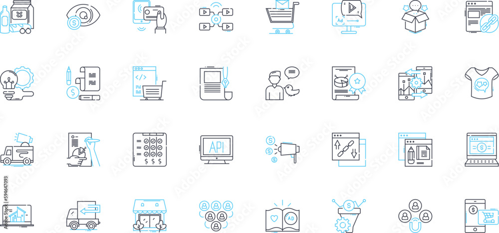 Promotional tactics linear icons set. advertising, branding, nerking, engagement, outreach, sampling, swag line vector and concept signs. activations,sponsorships,grassroots outline illustrations Promotional tactics linear icons set. advertising, branding, nerking, engagement, outreach, sampling, swag line vector and concept signs. activations,sponsorships,grassroots outline illustrations