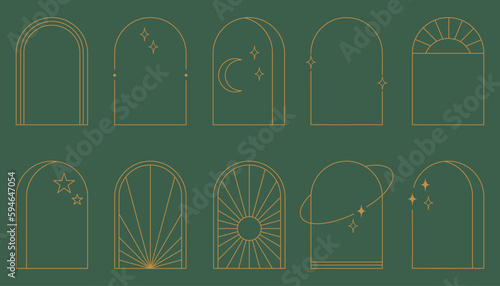 Line arch frame set. Bohemian linear shapes with space and sky elements. Stars and sun in emblem or label, gold logo template. Boho architecture objects for wedding cards and posters design. Vector