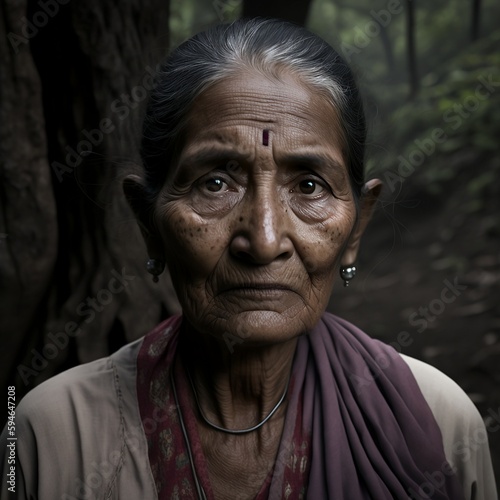 A woman from an Indian village in a forest. Generative AI