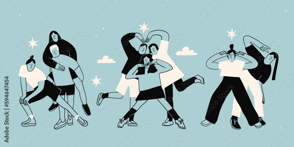 Set of three Groups of happy People. Friends or coworkers are standing, posing together, looking at camera. Cartoon characters. Community, friendship, teamwork concept. Hand drawn Vector illustration - obrazy, fototapety, plakaty 