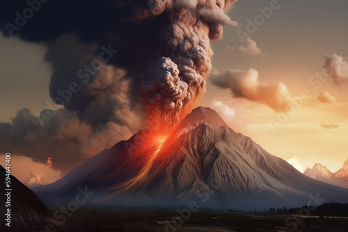Volcano eruption. AI generated volcanic eruption with lava going down.