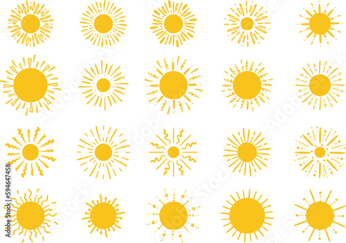 Doodle Sun. Yellow summer circle hand drawn elements. Monochrome silhouettes for emblem badge or logo design. Sunny weather symbol. Children drawings. Sunshine objects. Vector isolated icon set