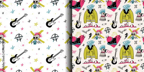 Punk seamless pattern. Hand drawn rock music elements. Leather jacket, boots and guitar. Skull with mohawk and anarchy symbol. Decor textile, wrapping paper, wallpaper print cartoon vector background