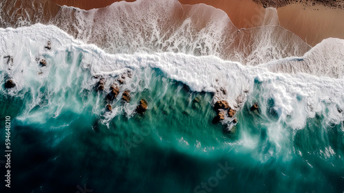 Ariel view of a beach with waves hitting the sand, top view. Sunny Day.