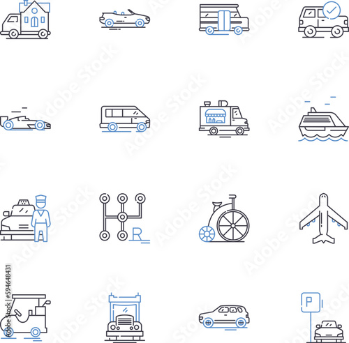 Traffic vehicles line icons collection. Cars, Trucks, Buses, Motorcycles, Trains, Boats, Planes vector and linear illustration. Helicopters,Scooters,Bicycles outline signs set