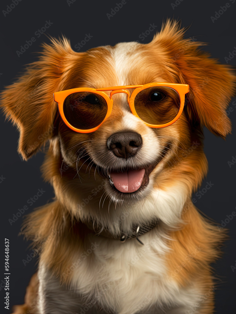 Studio Portrait of a Happy smiling Terrier breed dog wearing glasses