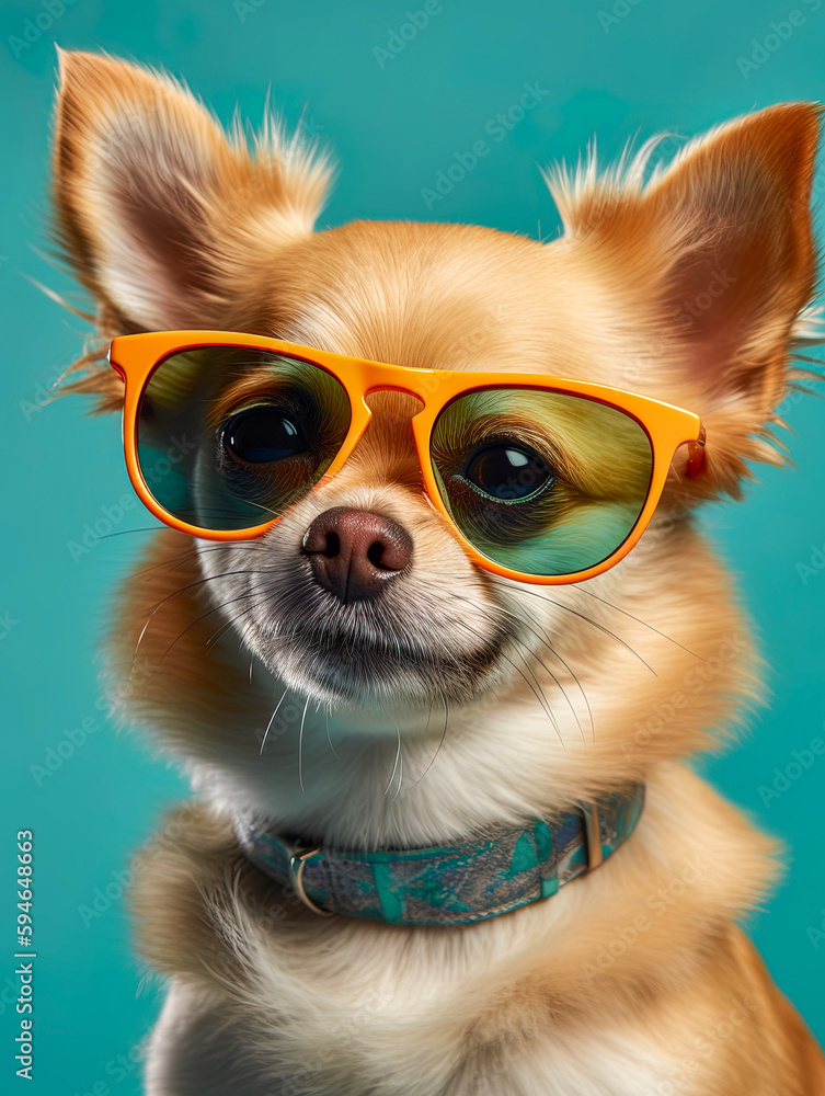 Small happy Terrier Chihuahua dog with glasses on a plain wall in a studio