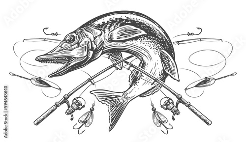 Fish pike and fishing rods with tackle and hooks. Sport fishing emblem sketch. Engraving illustration