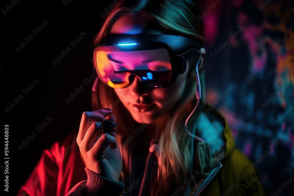 Woman with glasses of virtual reality. Future technology concept. Colorful neon lights. ai generative. Woman with glasses of virtual reality. Future technology concept. Colorful neon lights. ai generative.