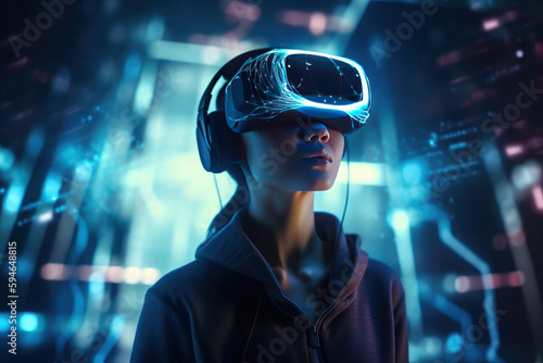 Woman with glasses of virtual reality. Future technology concept. Colorful neon lights. ai generative.