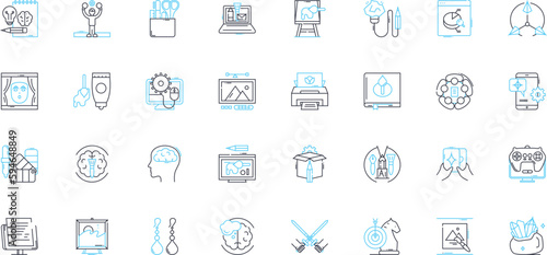 Visual arts entrepreneurship linear icons set. Creativity, Innovation, Leadership, Marketing, Branding, Collaboration, Investment line vector and concept signs. Design,Social media,Nerking outline