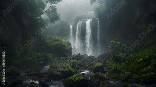 A cascading waterfall plunges down a rugged cliff  with mist and spray creating a dreamlike atmosphere that is both refreshing and invigorating.