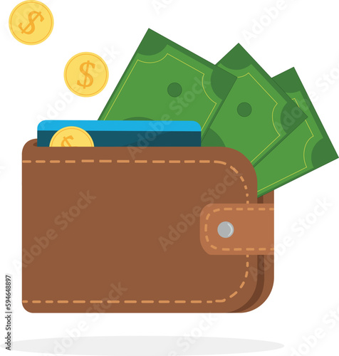 Wallet with dollars and credit card coins in the air vector illustration