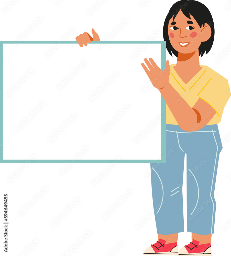Happy little holding empty banner for advertising and text placement. Colorful template for advertising brochure or banner. Happy little holding empty banner for advertising and text placement. Colorful template for advertising brochure or banner.
