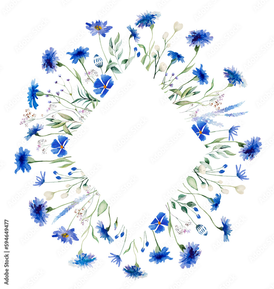 Watercolor blue cornflowers and wildflowers square frame, summer wedding isolated illustration