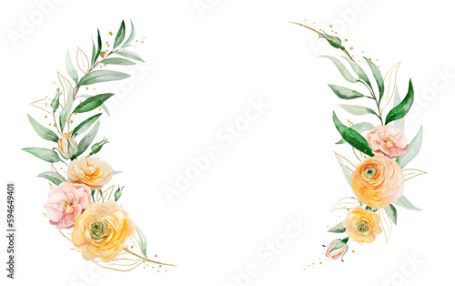 Wreath made of orange and yellow watercolor flowers and green leaves, isolated wedding illustration