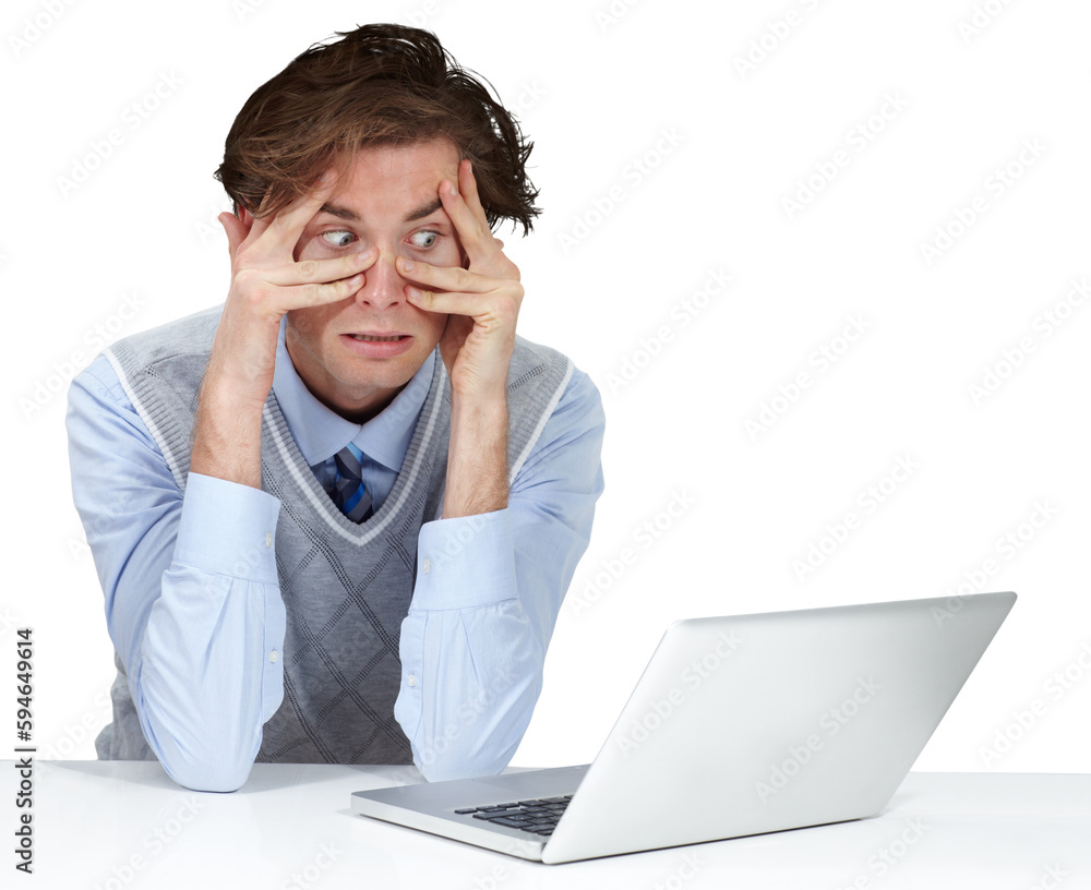 Stress, laptop hands on face of man with anxiety on isolated, transparent and png background. Panic attack, mistake and corporate employee with guilt, pressure or frustrated by online, glitch or 404 Stress, laptop hands on face of man with anxiety on isolated, transparent and png background. Panic attack, mistake and corporate employee with guilt, pressure or frustrated by online, glitch or 404