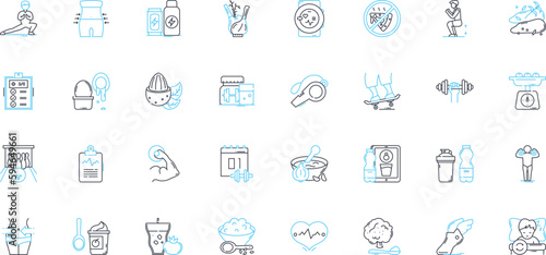Physical fitness linear icons set. Exercise, Workout, Stamina, Cardio, Strength, Agility, Flexibility line vector and concept signs. Endurance,Muscle,Health outline illustrations
