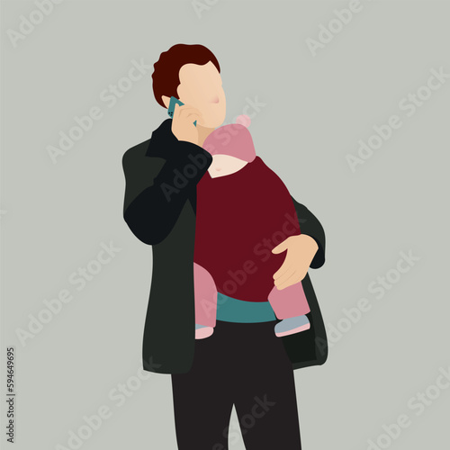 Busy father on the phone babywearing with baby