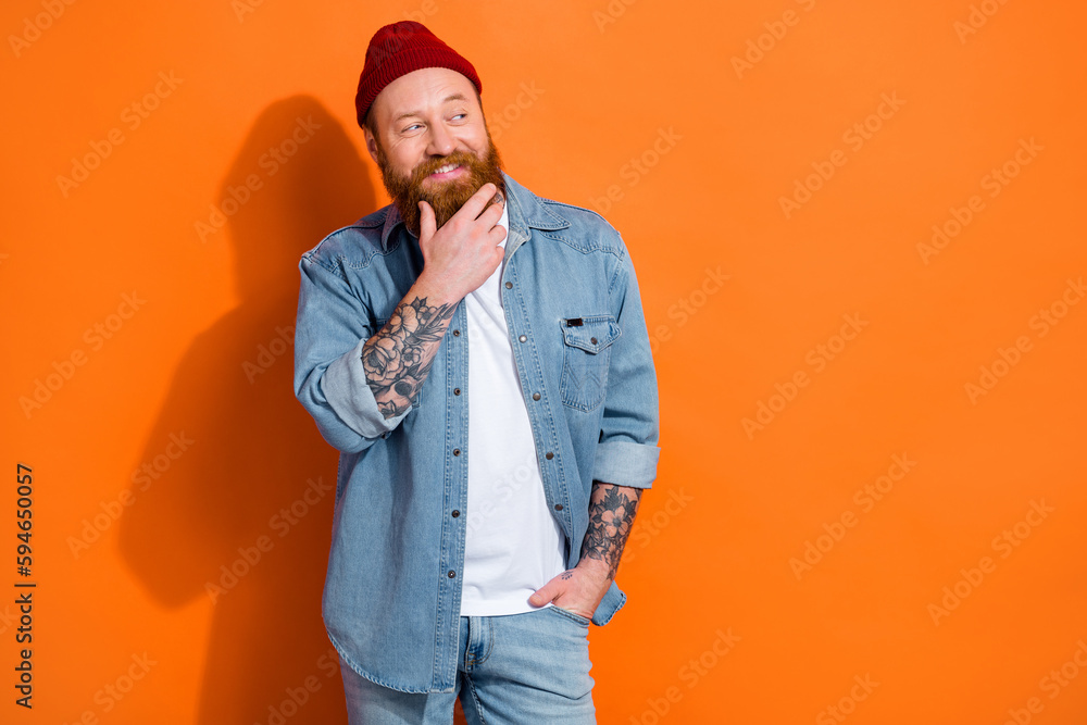 Photo of curious youth guy touch beard have interesting thoughts discount ads isolated shine color background Photo of curious youth guy touch beard have interesting thoughts discount ads isolated shine color background