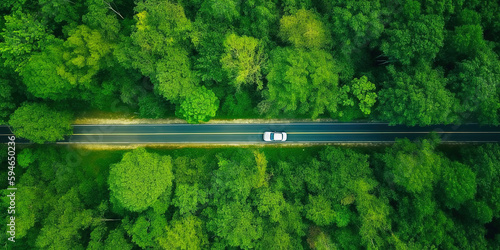 Aerial view asphalt road and green forest, Forest road going through forest with car adventure view from above, Ecosystem and ecology healthy environment concepts and background.
