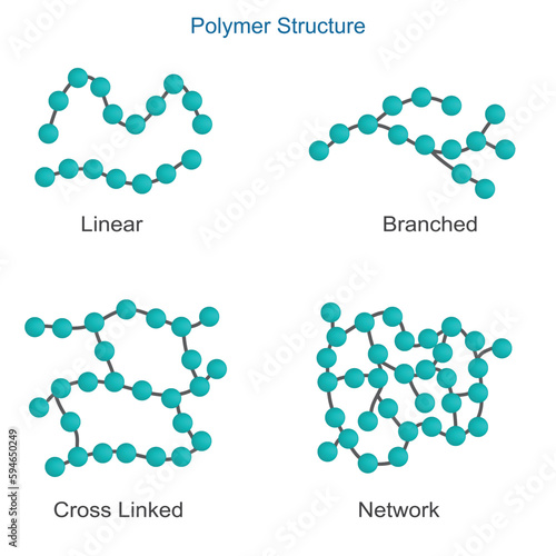  The four basic polymer structures are linear, branched, cross-linked, and networked.Scientific Designing of Polymer Structure Classification.  Polymer and its Types.chemistry illustration photo