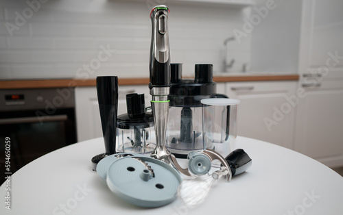 Kitchen blender with attachments and food processor.