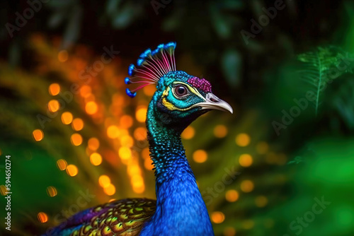 Close up of colorful beautiful peacock in jungle at night time with neon glow. Digital ai art