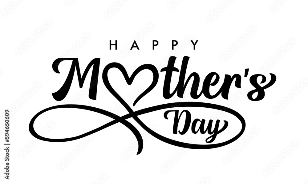 Happy Mothers Day text with love heart infinity divider. Concept for Mother's Day with lettering and black love infinity shape. Vector illustration - obrazy, fototapety, plakaty 