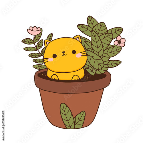 Cute cats in flower pot - hand drawn illustration of funny colorful cats with flowers, leaves in a pot in cartoon flat style for baby shower invitation, nursery designs photo