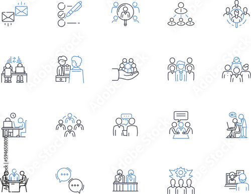 Interacting line icons collection. communicating, connecting, conversing, collaborating, mingling, nerking, engaging vector and linear illustration. socializing,sharing,participating outline signs set