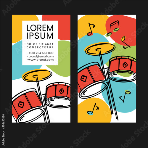SKETCHED DRUMS Abstract Design Business Card With Drums And Notes Illustration And Colorful Spots For Music Lessons Bright Template Education Vector Collection