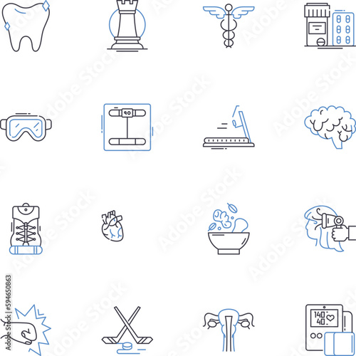 Bodybuilding line icons collection. Strength, Muscles, Gym, Protein, Reps, Fitness, Power vector and linear illustration. Workout,Flexibility,Endurance outline signs set