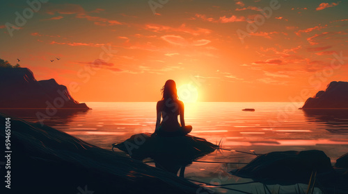 woman meditating on sunset background,, van life concept. ai generative