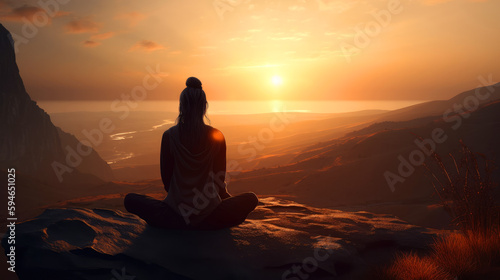 woman meditating on sunset background   van life concept. ai generative