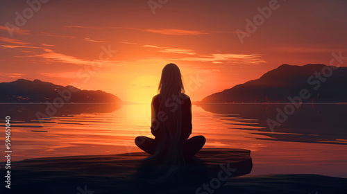 woman meditating on sunset background,, van life concept. ai generative