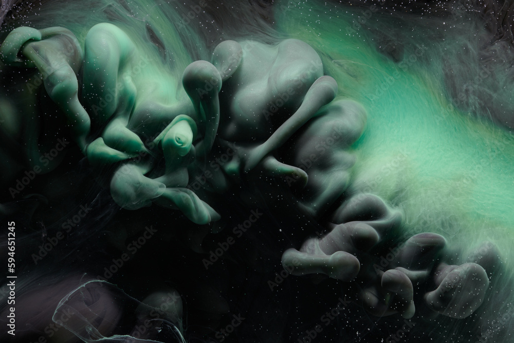 Green black contrast liquid art background. Paint ink explosion, abstract clouds of smoke mock-up, watercolor underwater Green black contrast liquid art background. Paint ink explosion, abstract clouds of smoke mock-up, watercolor underwater