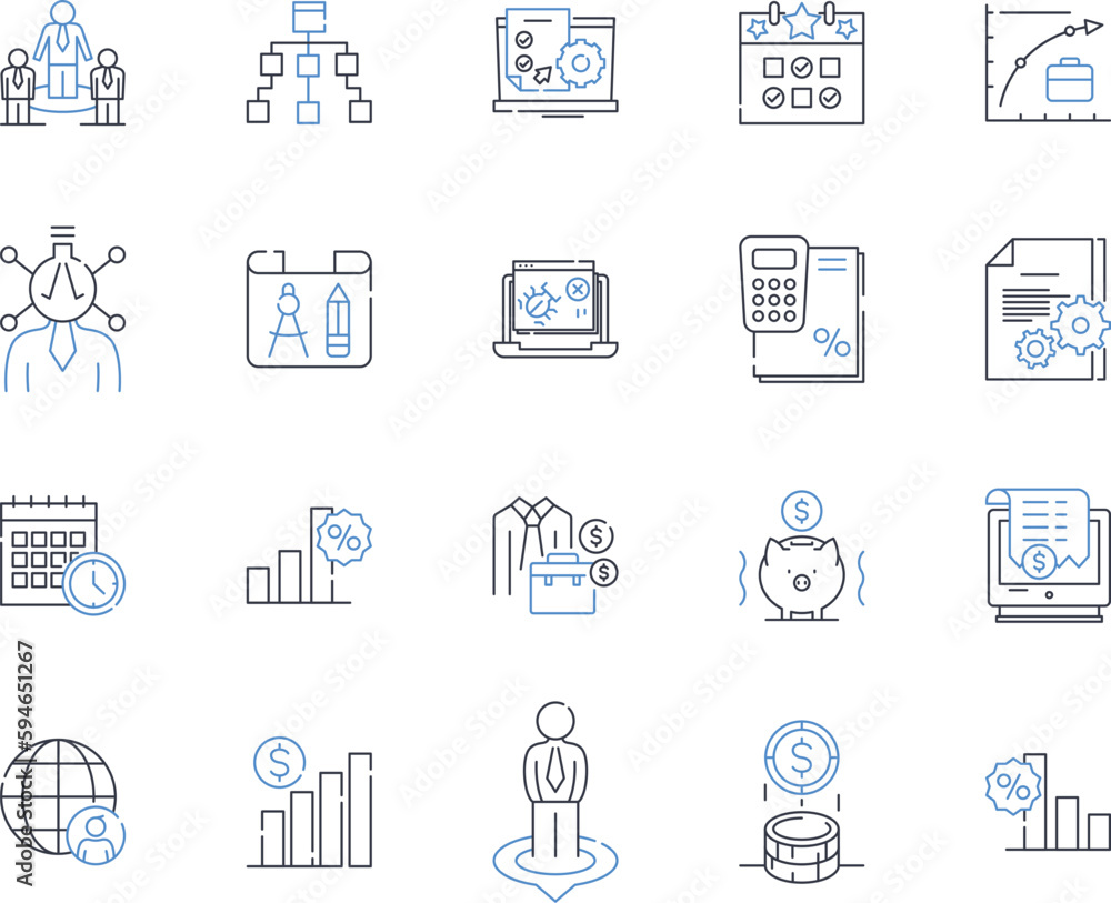 Wage earnings line icons collection. Income, Salary, Paycheck, Compensation, Earnings, Wages, Remuneration vector and linear illustration. Stipend,Retribution,Compensation package outline signs set